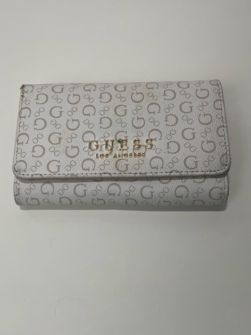GUESS White Logo Monogram Fold Wallet with Gold Hardware